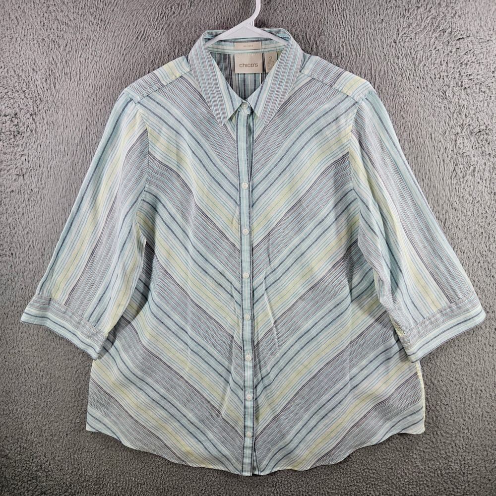 Chicos No‎ Iron Linen Shirt Womens 2 Large Blue Green Striped 3/4 Slv Button Up
